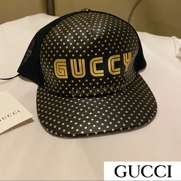 GUCCI-AUTHENTIC NWT Gold & Black “GUCCY” Baseball Hat Gucci X SEGA Calfskin GUCCY Stars Baseball Hat XL Black Gold  main image 4